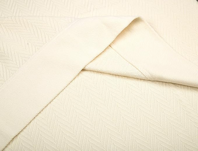 Threadmill Luxury Cotton Blankets for Twin Size Bed | All-Season 100% Cotton Twin Blanket for Bed | Herringbone Soft & Cozy Fall Thermal Blanket, 350GSM, 68x92 inches | Vanilla Cream