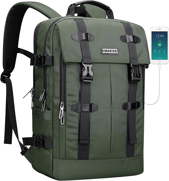 WITZMAN Travel Laptop Backpack for Men Fit 16 inch Computer Carry-on Airline Approved with USB Charging Port(B716 Army Green)