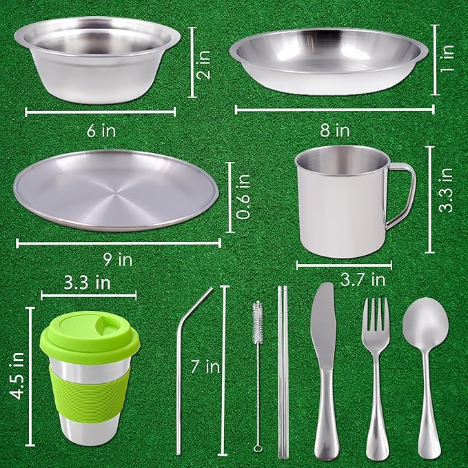 Acelane Camping Mess Kit Camping Plates Dishes Stainless Steel Camping Utensils Set Tableware Dinnerware with Bowls Cups Cutlery 1-2 Person for Backpacking, Hiking, Picnic, BBQ, RV Travel