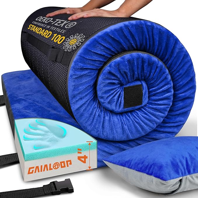 4 Inch GAIALOOP Extra Thick Memory Foam Camping Mattress, Roll Up Floor Sleeping Mat Camp Cot Mattress Pad Travel Camping Couch Bed for Guest Adults Side Sleepers