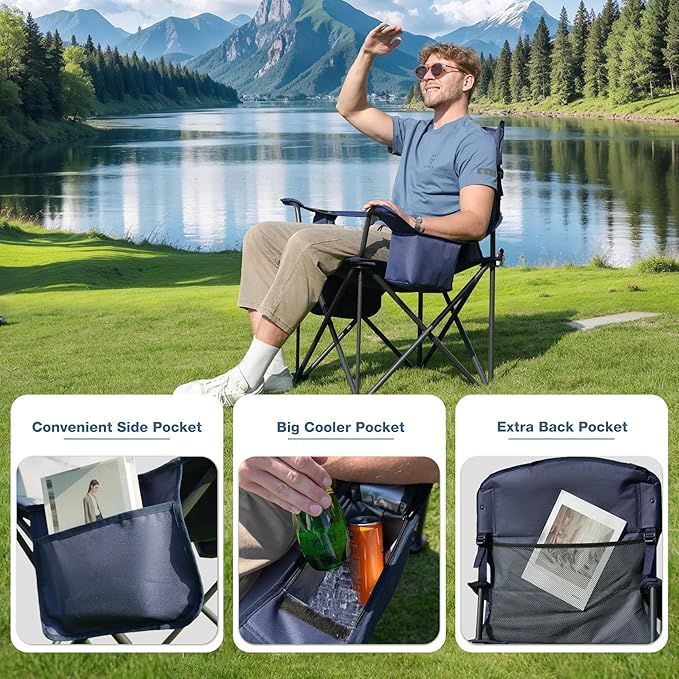 Oversized Folding Camping Chair, Heavy Duty Support 500LBS Outdoor Chair with Cup Holder Storage and Cooler Pouch, Collapsible Padded Arm Chair for Sports Garden Beach Fishing, Blue