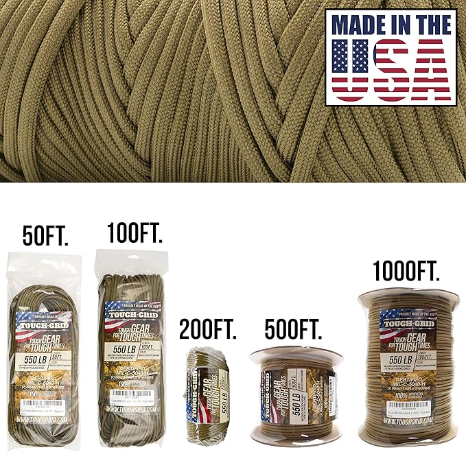 TOUGH-GRID 550 Paracord Rope Nylon Parachute Cord, Made in USA Survival Kit, Outdoor Adventures, Camping, Tactical Gear & Emergency Supplies, Military Type III Mil-Spec