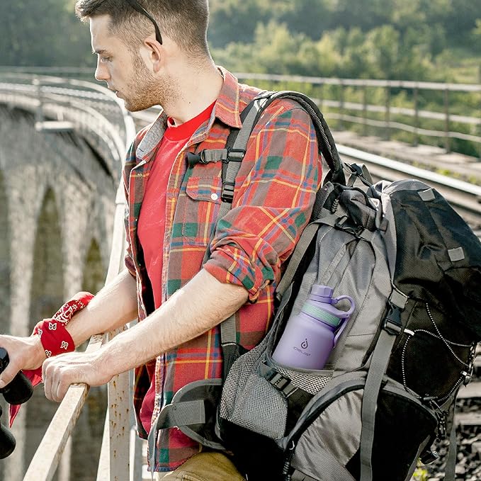 IDEUS Insulated Stainless Steel Water Bottle with 2 Leak-Proof Lids, Thermal Water Flask for Hiking Biking, 32oz, Violet