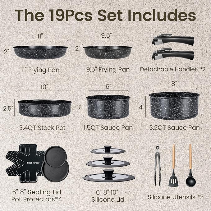 Chef Power Ceramic Nonstick Cookware Set 19 Piece with Detachable Handle, Induction Dishwasher Oven Safe Pans and Pots Set, RV Kitchen Set Removable Handle, Rock Stone Black