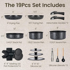 Chef Power Ceramic Nonstick Cookware Set 19 Piece with Detachable Handle, Induction Dishwasher Oven Safe Pans and Pots Set, RV Kitchen Set Removable Handle, Rock Stone Black