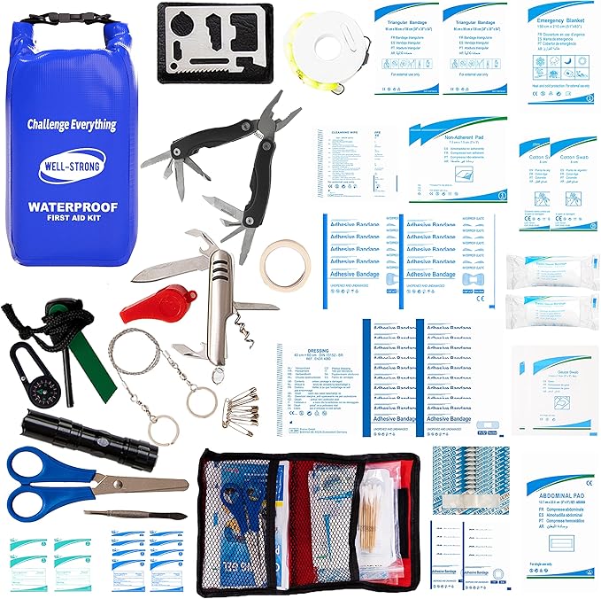 Boat First Aid Kit with Survival Tools, 123pcs Waterproof Emergency Marine Kit with Buckles, Compact Boat Safety Accessories for Fishing Kayaking Boating Camping Rafting Beach Blue
