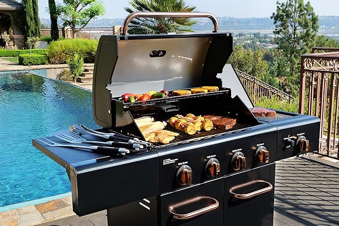 Kenmore 4-Burner BBQ Gas Grill with Searing Side Burner, Propane Grill, 52,000 BTUs, Warming Rack, Electronic Ignition & Cast Iron Cooking Grates, Black/Copper