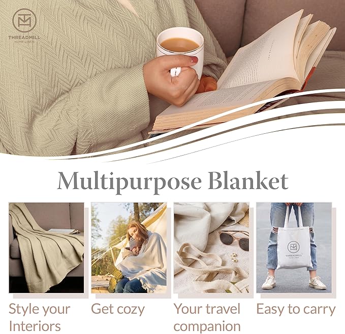 Threadmill Luxury Cotton Blankets for Twin Size Bed | All-Season 100% Cotton Twin Blanket for Bed | Herringbone, Soft & Cozy Fall Thermal Blanket, 350GSM, 68x92 inches | Beige