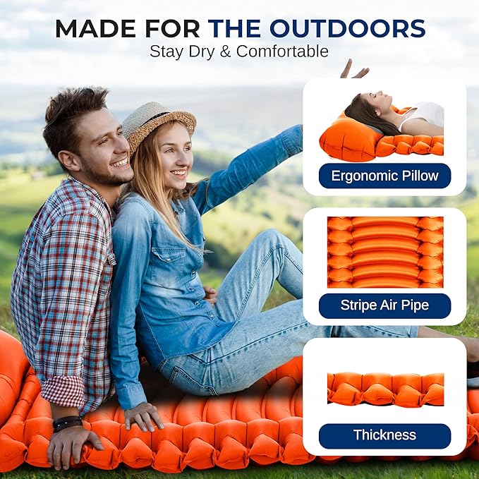 SereneLife Camping Mattress, 2.7" Backpacking Inflatable Air Mattress for Camping, Waterproof Lightweight Sleeping Mat with Carry Bag, Tear-Resistant Nylon for Hiking, Travel, Outdoor, Orange