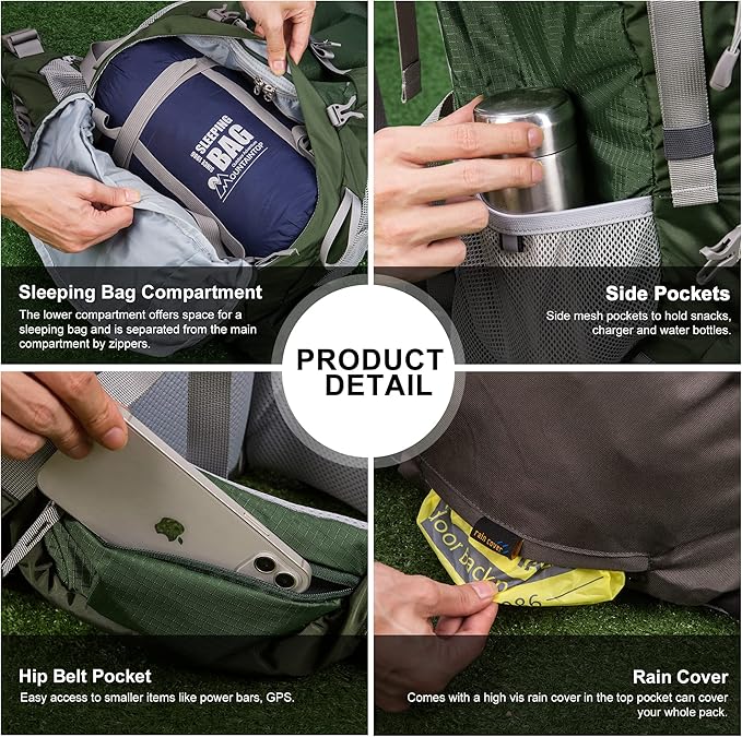 MOUNTAINTOP 70L Internal Frame Backpack Camping Backpacking Hiking Backpack for Men Women with Rain Cover
