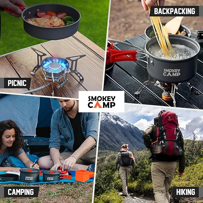 Camping Cookware Mess Kit Set with Stove - Backpacking Camping Pots and Pans Set, All in One Non-Stick Camping Cooking Set, Portable Stove, Hiking, Picnic, Outdoor & Camping Cookware Set