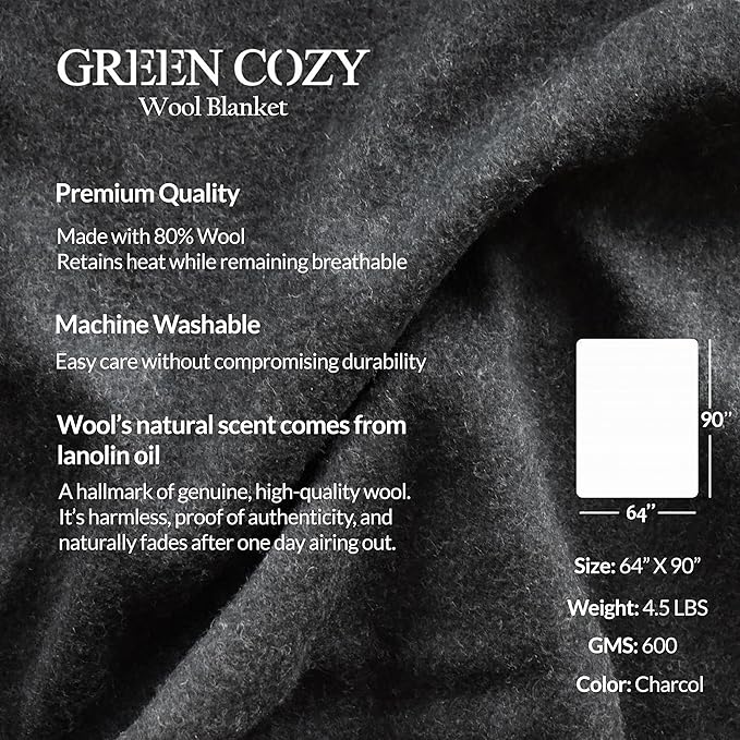 Military Style Wool Blanket – Cushioned, Breathable, Durable, Warm & Washable – Double-Stitched Border – Great for Camping, Outdoor, First Aid, Travel, Car – Fire-Resistant – 64"x90" 4.5 lb (Charcoal)