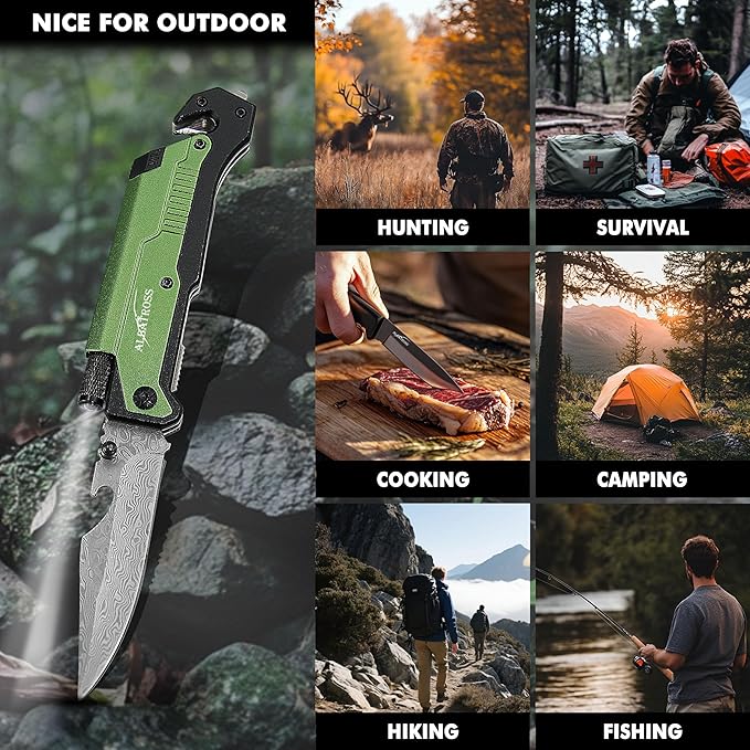 ALBATROSS 7-in-1 Damascus Folding Knife - Glass Breaker/Seatbelt Cutter/Flashlight/Fire Starter, Military Rescue Tool with Carrying Bag - FK01-DA-GN (Green)