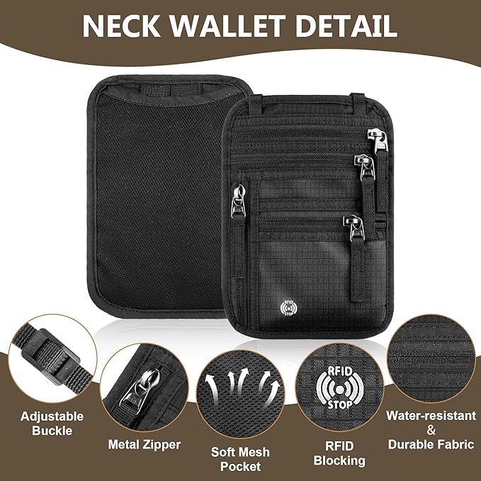 Likesing 5.5" L x 7.8" W Travel Neck Wallet, RFID Blocking Passport Holder for Travel Women Men, Security Lightweight Passport Travel Wallet, Neck Pouch Gifts for Traveling Family (Black)