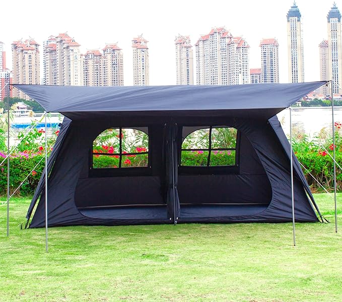 KTT Extra Large Tent 12 Person,Awning Family Cabin Tents,2 Rooms,3 Doors and 3 Windows with Mesh,Straight Wall,Waterproof,Double Layer,Big Tent for Outdoor,Picnic,Camping,Family Gathering