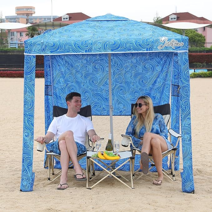 Beach Cabana, 6.2'×6.2' Beach Canopy with Side Wall, UPF 50+ UV Protection Easy Setup Tent Sun Shelter with Sand Pockets for Whole Family(Surging Waves)