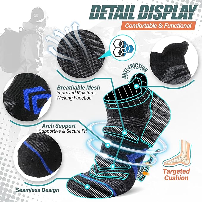 ANTSANG 6 Pairs Merino Wool Ankle Hiking Running Socks Compression Thick Cushion Breathable No Show Socks for Men Women