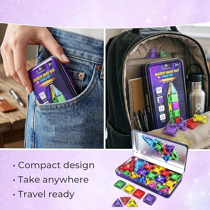 Desire Deluxe Micro Magnetic Tiles Building Blocks Toy - STEM Educational Travel Size Magnetic Blocks for Kids, Learning Sensory Montessori Toddler Magnetic Toys 3+ YO (Glitter, 18pc)