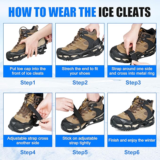 Ice Cleats for Shoes and Boots Men Women Snow Traction Cleats Crampons Anti Slip Shoe Grippers Spikes for Snow Ice Winter Walking Non-Slip 24 Studs Overshoe Slip-on Stretch Footwear