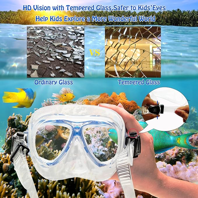 Kids Mask Fins Snorkel Set Snorkeling Packages, with Diving Mask, Snorkel, Adjustable Swim Fins, Mesh Bag, Anti-Fog Anti-Leak Snorkeling Gear for Kids for Snorkeling Swimming Diving