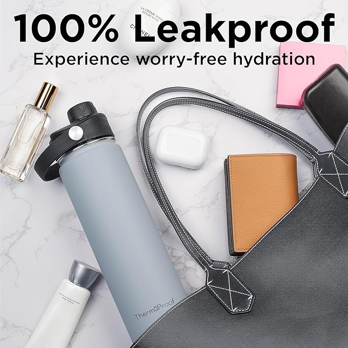 ThermoProof Double-Walled Vacuum Insulated Stainless Steel Water Bottle - Wide Mouth with Chug & Spout Lids, Dishwasher Safe, Reusable, Leakproof, Hot & Cold for Men, Women & Kids - 22oz, Cool Gray