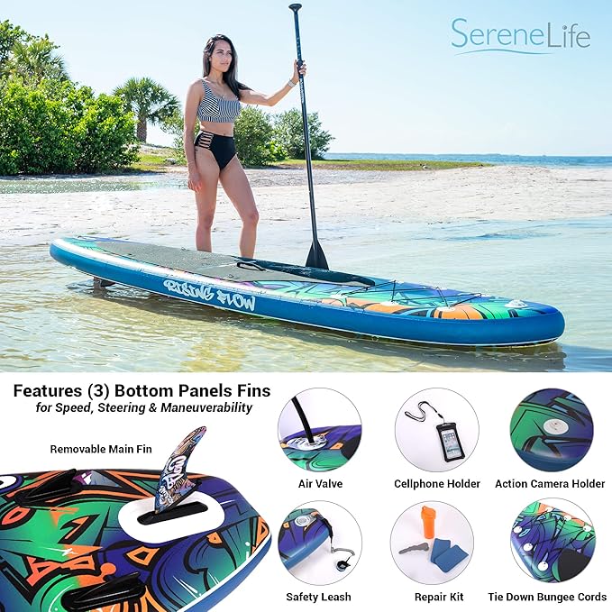 SereneLife Inflatable Stand Up Paddle Board with Premium SUP Accessories – Wide Stable Design with Non-Slip EVA Deck Pad for Adults and Youth of All Skill Levels, 350 lbs Capacity