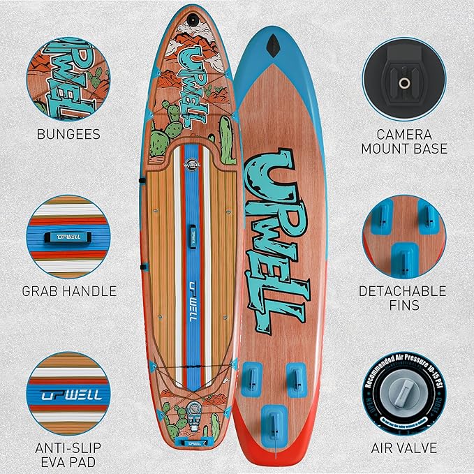 UPWELL 11’6”/11'2”/11'/10'8”/10'6”/10'2” Inflatable Stand Up Paddle Board with sup Accessories Including Backpack, Repairing Kits, Non-Slip Deck, Leash, 3 Fins, Paddle and Hand Pump