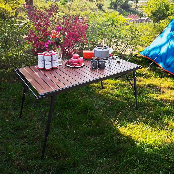 4FT Folding Camping Table, Adjustable Height Aluminum Roll Up Table with Carry Bag, Loads 110LBS, 2-6 Person Lightweight Portable Picnic Table for Outdoor, Grilling, Barbecue,Travel. Walnut
