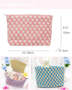 Knitted Checkered Makeup Bag Large Zipper Make Up Accessory Pouch for Purse Cosmetic Brush Bag for Travel Essential Pink Beige