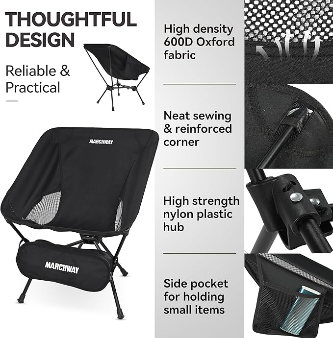 MARCHWAY Lightweight Folding Camping Chair with Spring Lock, Stable Compact Portable for Outdoor Camp, Travel, Beach, Picnic, Festival, Hiking, Backpacking (Lowback Black)