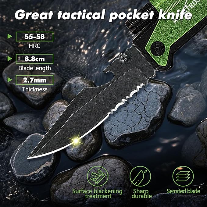 ALBATROSS 7-in-1 Folding Pocket Knife with Glass Breaker, Seatbelt Cutter, Serrated Blade, LED Flashlight, Fire Starter & Bottle Opener - Emergency & Outdoor Tool with Pouch (Green) FK01-GN