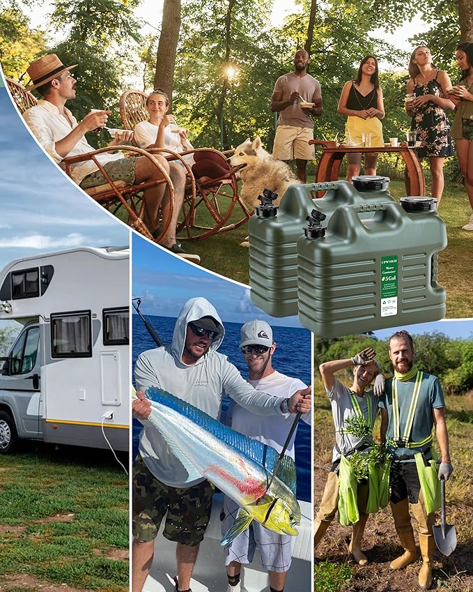 UPWOIGH 5 Gallon Water Jug Set of 2, Camping Water Container, Truly No Leakage Water Storage, Large Military Green Water Tank,BPA Free Portable Emergency Overlanding Gear for Outdoors Hiking