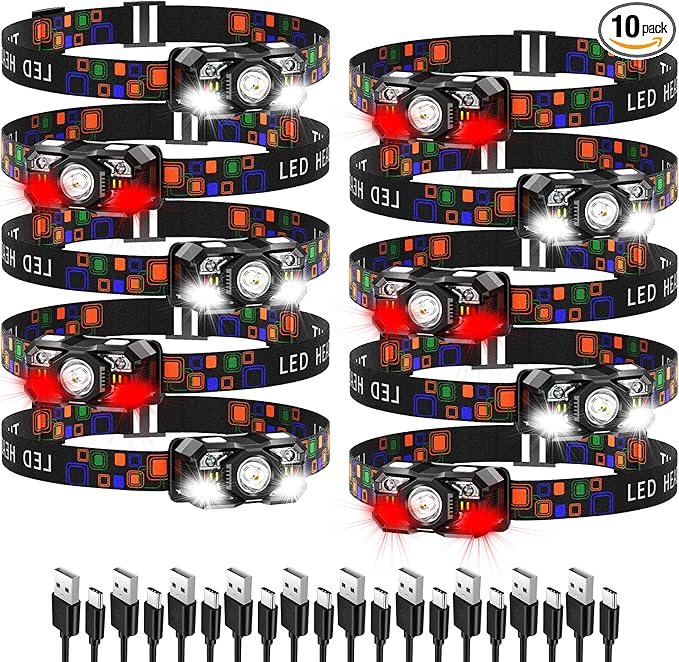 KunHe 10 Pack Headlamp Flashlight Head Lamps led Rechargeable Headlight Motion Sensor Head Lamp 10 Mode for Outdoor Camping Gear Hiking Fishing Running Cycling Headlight Emergency Lights for Home