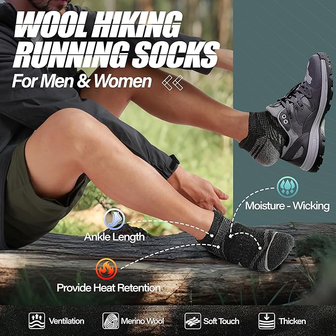 ANTSANG 6 Pairs Merino Wool Ankle Hiking Running Socks Compression Thick Cushion Breathable No Show Socks for Men Women