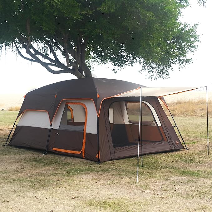 KTT Large Tent 6-12 Person,Family Cabin Tents,Straight Wall,3 Doors and 3 Windows with Mesh,Waterproof,Big Tent for Outdoor,Picnic,Camping,Family,Friends Gathering.