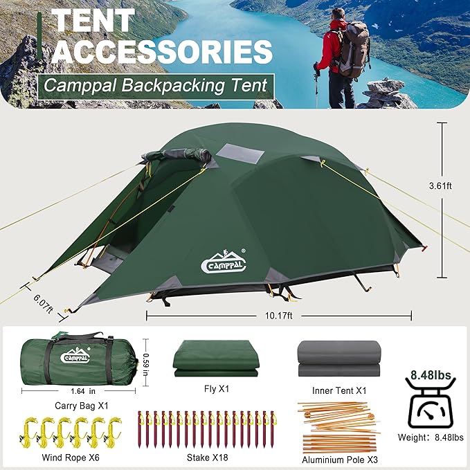 2-3 Person Backpacking Tent Double Doors 2 Vestibule 2 Skylight, Two Person Tents Waterproof Windproof 2 Man Tent for Camping Hiking Motor Cycling Biking Fishing Mountaineering UPF 50+