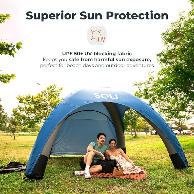 SOLI: Air Canopy 12' - Sage Green - Outdoor & Beach Self-Inflating Sun Tent, Shade Wall, UPF 50+, Pump-Stakes-Ropes, Lightweight & Portable, Backpack