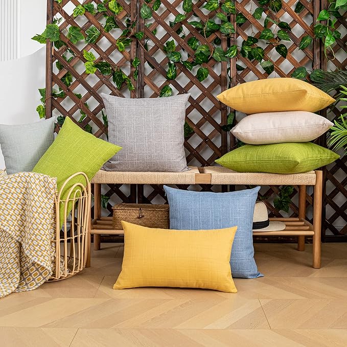 Kevin Textile Pack of 2 Outdoor Waterproof Throw Pillow Covers Decorative Square Outdoor Checkered Pillows Cushion Case Patio Pillows for Couch 12x20 inches 30x50 cm Yellow