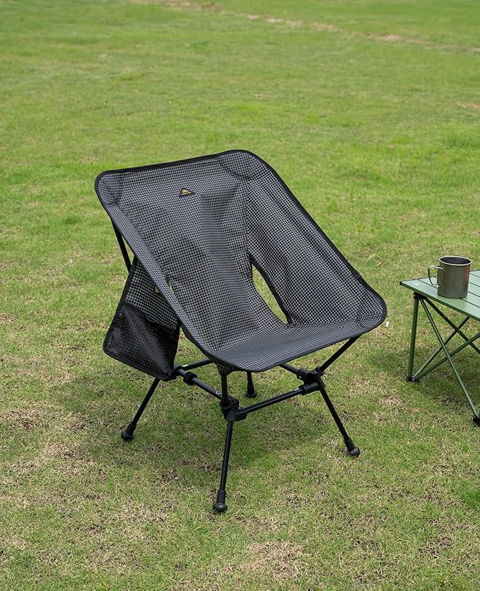 iClimb Ultralight Compact Camping Folding Beach Chair with Anti-Sinking Large Feet and Back Support Webbing (Black Grid- Square Frame)