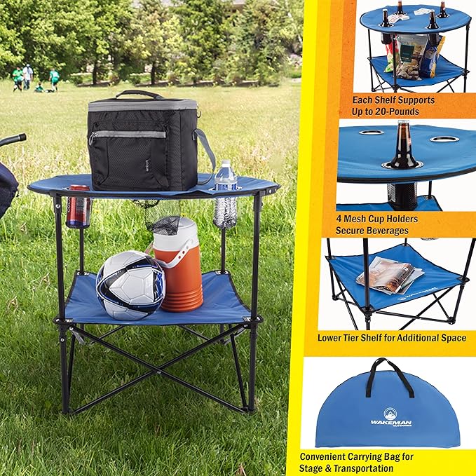 Wakeman Camp Table - Round 2-Tier Folding Table with 4 Cupholders and Carrying Bag - for Camping, Beach, Picnic, Sporting Events, and More Outdoors,Blue