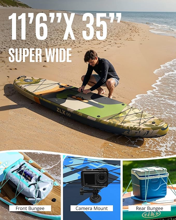 ZLX 11'6" Extra Wide Inflatable Stand Up Paddle Board SUP, Stable Non-Slip Deck Pad, Unique Fin System and Premium iSUP Accessories - Portable Backpack & Upgraded Pump for Adults, All Skill Levels