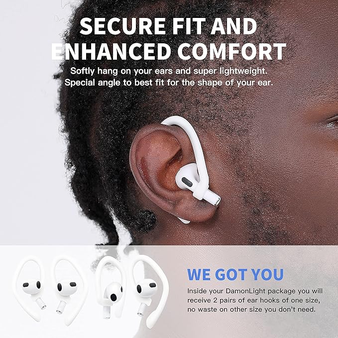 Ear Hooks 2 Pairs for AirPods Pro 2 & 1, AirPods 4 & 3 & 2 & 1, Airpod Ear Hook, Anti-Slip Comfortable Fit, Ergonomic Design, AirPods Accessories (Large, White)