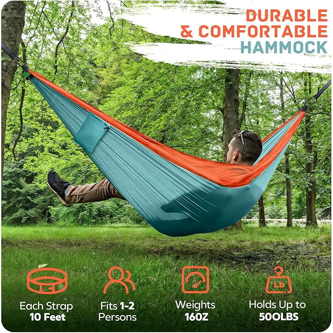 Camping Hammock Lightweight, Portable Hammocks Parachute Hammock with Two Tree Straps, Single or Double Travel Swing Nylon Camp Hammocks, Outdoor Essentials for Beach Backpacking Hiking, Orange