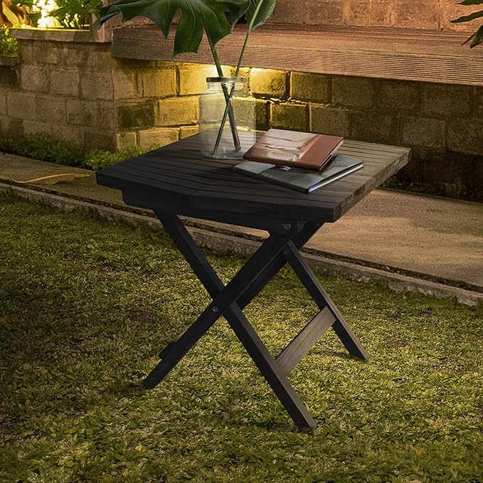 Melino Wooden Folding Outdoor Side Table, FSC Certified Acacia Weatherproof Side Tables, Wood Folding Small Table for Outdoor, Patio, Porch, Pool, Backyard, Garden, Balcony and Deck - Black