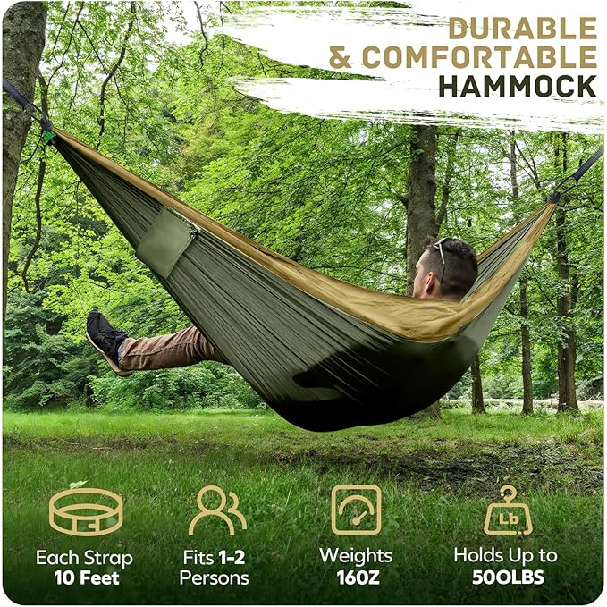 Camping Hammock Lightweight, Portable Hammocks Parachute Hammock with Two Tree Straps, Single or Double Travel Swing Nylon Camp Hammocks, Outdoor Essentials for Beach Backpacking Hiking, Orange