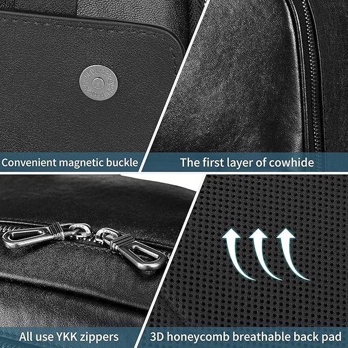 Men's Black Leather Backpack, Durable Genuine Leather Laptop Backpack for Work Travel, Business 15.6" Computer Backpack, Stylish Professional Designer