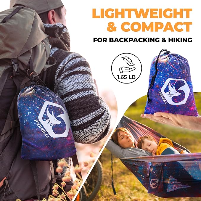 Foxelli Camping Hammock - Lightweight Portable Hammock, Easy Setup with Tree-Friendly Ropes & Steel Carabiners, Heavy Duty Parachute Nylon for Indoors and Outdoors