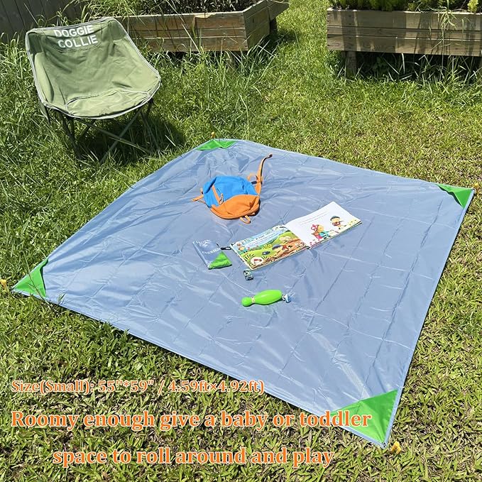 Pocket Beach Blanket Small Foldable Picnic Mat Portable Lightweight Camping Tarp Tent Blankets Washable Rug Quick Dry Compact Beach Mats Hiking Outdoor Essentials (Gray/Green 55"*59" / 4.59ft×4.92ft)