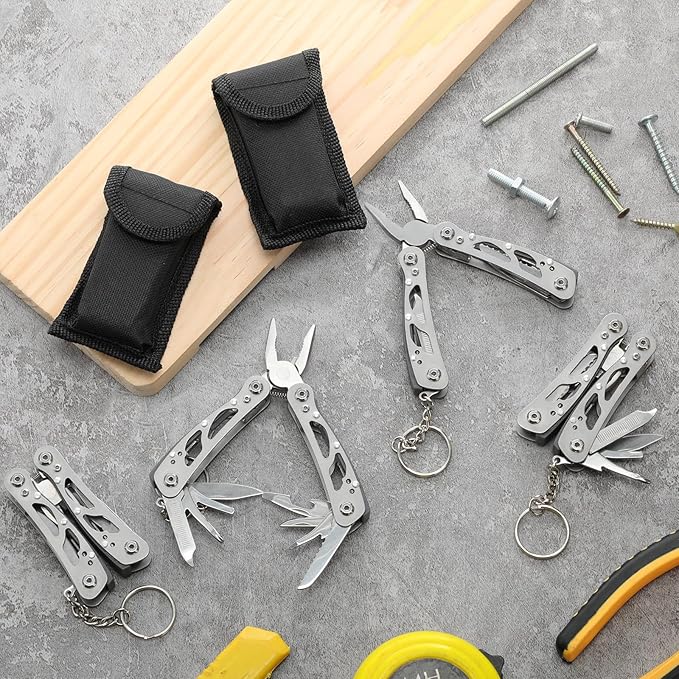 Lasnten 10 Sets Small Multitool Pliers Gift for Men, Stainless Steel Multi Tool with Oxford Cloth Cover, Pliers Foldable Knife Bottle Opener Screwdriver Apply to Camping Dad Gifts(Gray)