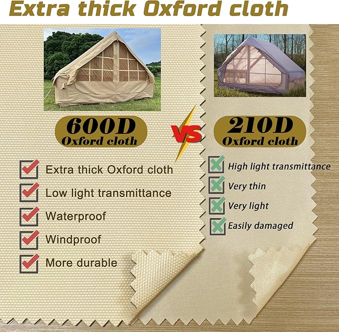 Inflatable Camping Tent for 4 Person with Heavy Duty 600D Oxford Fabric - Blow Up Tent Includes Rainfly & Air Pump,Easy Setup, Portable All Season Cabin House for Family Camping